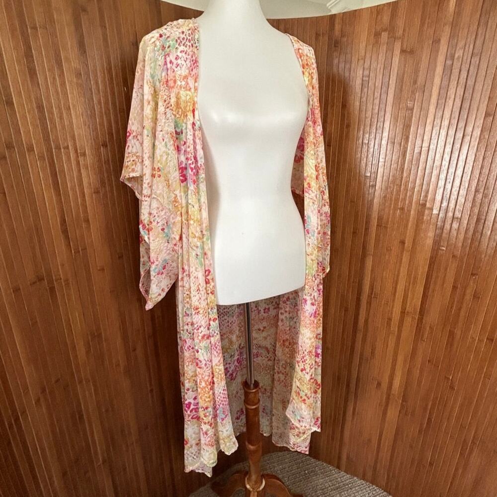 Boho Floral Sheer Long Duster Kimono Open Front Maxi